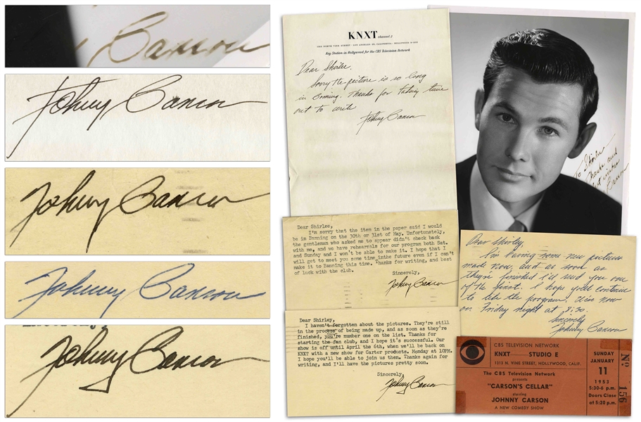 Johnny Carson Lot of Signed Memorabilia From 1953 -- Includes 8'' x 10'' Signed Photo, Two Autograph Letters Signed, Two Typed Letters Signed & a Ticket to Carson's Show ''Carson's Cellar''
